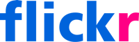 a blue and pink logo with the word flickr